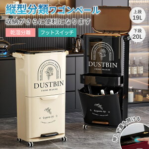 ゴミ箱 縦型分類ワゴンペール 分別ペール 上段19L/下段20L ワゴンペール キャスター 移動ペール 押して蓋を開ける 乾湿分離 縦型 分類