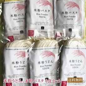 愛知県れんげちゃん米使用　送料無料 米粉うどん、米粉パスタ 6食セット 米粉 麺 国産 小麦卵アレルギー アトピー 食塩不使用 グルテンフリー コシヒカリ お歳暮 お中元