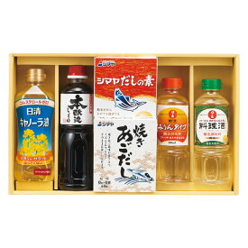 【最大2000円オフクーポン26日1:59迄】春の贈り物便り 和風調味料セット セット内容/日清キャノーラ油（350g）・サンビシ本醸造しょうゆ（500ml）・日の出料理酒・日の出割烹みりんタイプ（各400ml）・シマヤだしの素粉末（10g×6袋）・シマヤ焼きあごだし（8g×6袋）×各1