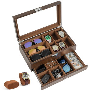 【送料無料】ProCase 木製メンズジュエリーボックス、2段式ウォッチホルダー&サングラスボックスオーガナイザー、透明ガラス天板と収納引き出し付きディスプレイケース