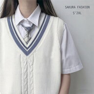 即納 スクールベスト 制服 ユニセックス ノースリーブ 配色 ゆったり Vネック ニット ベスト チョッキ オ…