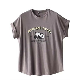 Tシャツ レディース トップス カットソー プルオーバー 半袖 半そで 五分袖 丸首 クルーネック アニマル パンダ ロゴ プリント 薄手 綿100％ コットン 大きいサイズ ゆったり 楽ちん 夏 プリントTシャツ