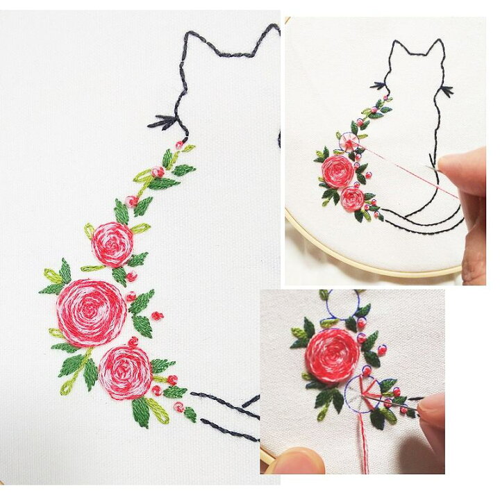 楽天市場 刺繍キット 初心者 猫 Rose Cat 薔薇 かんたん 日本語説明書付き フランス ミニ刺繍キット 初級 プラスチック製の枠付き 可愛い 花 人気 簡単 刺しゅうキット 刺繍枠 刺しゅう糸 手芸キット 基本ステッチ 送料無料 さくらシフォン