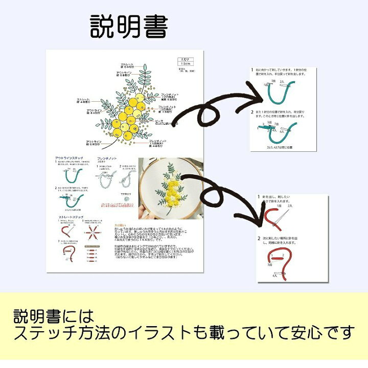 楽天市場 刺繍キット 初心者 おすすめ ミモザ 黄色の花 かんたん 日本語説明書付き フランス 刺繍キット 初級 プラスチック製の枠付き 可愛い 花 人気 簡単 刺しゅうキット 刺繍枠 刺しゅう糸 手芸キット 基本ステッチ 送料無料 さくらシフォン