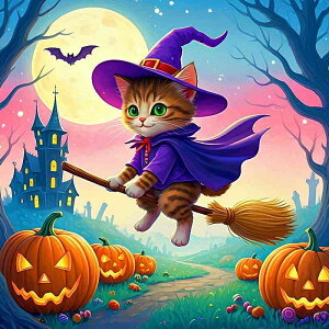 ダイヤモンドアート ハロウィン 可愛い 猫魔女さん Halloween 四角ビーズ ABビーズ ダイアモンドアート 冬 ダイヤモンドペインティング キット ビーズ刺繍キット セット 送料無料