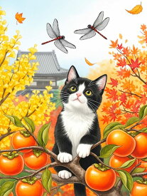 ダイヤモンドアート キット 四角ビーズ 猫 柿の木と紅葉 秋 赤とんぼ 可愛い動物 ABビーズ オーロラビーズ ダイアモンドアート スクエア ダイヤモンドペインティング ビーズ 刺繍キット セット ハンドメイド 手芸 送料無料