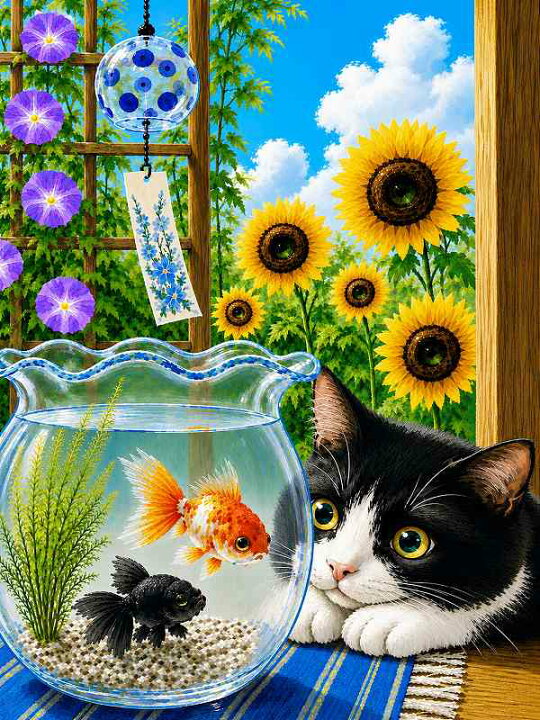 楽天市場】ダイヤモンドアート 四角ビーズ 猫 風鈴と金魚鉢の夏景色 