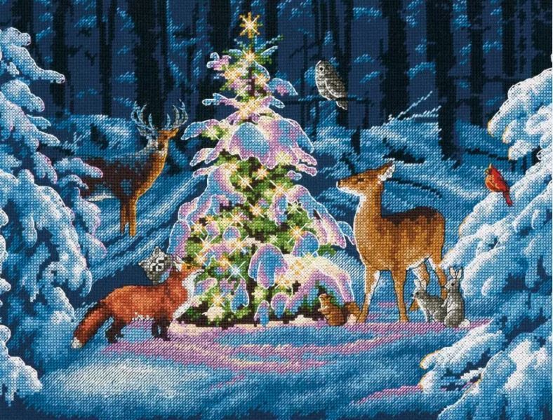 在庫僅少 おすすめです 森の動物たちのクリスマスツリー おしゃれ アメリカ 輸入キット 14カウント クロスステッチキット クリスマス Dimensions Woodland Glow 聖なる夜 鹿 刺繍キット 動物 ディメンションズ 冬 鳥 りす フクロウ kiつね ツリー