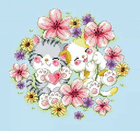 クロスステッチキット 猫 花いっぱい 可愛い笑顔 子猫 ネコ 春 初級 初心者 手芸セット 刺繍キット ハンドメイド 送料無料