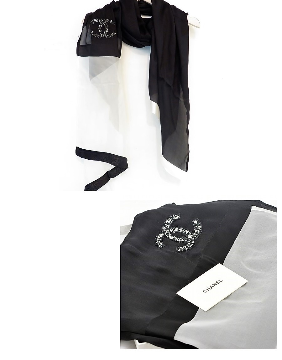 新品 シャネル ココマーク ストール 定番スタイル ホワイト 正規タグ付き スカーフ ブラック