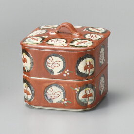 赤釉手描き丸紋 二段重 陶箱 11x11x12cm 土物陶器の重箱　日本製の逸品