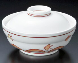 14cm 赤絵 波千鳥 平蓋向 14.4x8cm　日本製　蓋付鉢 蓋向　煮物碗