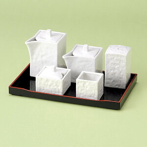 白石目 卓上カスター5点セット (盆トレー付)汁次大(160cc)+汁次小(120cc)+塩入れ+からし入れ+ようじ立の5点 トレー21x13x1.8cm 日本製 強化食器