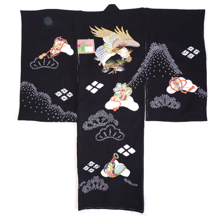 楽天市場】134 男の子 黒 変わり織 刺繍 鷹 松 金のう 初宮参り