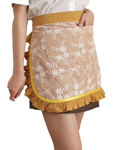 フラワー刺繍 エプロン ショート レディース フリル 小さめ メッシュ 膝上丈 膝丈 短い ショート丈 刺繍 花柄 2ポケット プレゼント 母の日 ピンク オーカー グレー グリーン ブルー 台所 キ