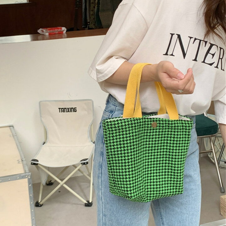 秋冬物新作 ミニバッグ ミニ バケット バケツ 手提げ 帆布バッグ 千鳥格子 千鳥 自立 キャンバスバッグ トートバッグ 帆布 バッグ キャンバス かばん 大きい ちどり チドリ ローゲージ 丈夫 厚手 コットン 綿 韓国ファッション ブラック ホワイト グリーン ... 手編みバック ポコポコバック 手提げ コットンバック
