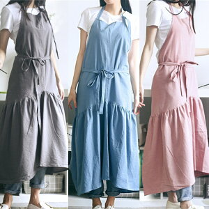 エプロン リネン コットン麻綿 無地 裾広がり ラッパ裾 ラップ 巻きスカート Aライン ギャザー ワンピース プルオーバー コットン綿 無地 台所ストラン カフェ 主婦 保育士 バイト バーベキ