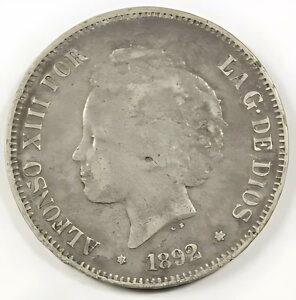 1892 (92) XyC PG-M 5 PESETAS  VF+ KM# 700 AtH\ 13 