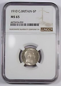 イギリス 1910 エドワード 7 世 6 ペンス銀貨 NGC MS65 KM-799 GEM BU