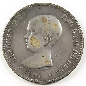 1891 (91) XyC PG-M 5 PESETAS Vo[ RC VF+ KM# 689 AtH\ 13  g[