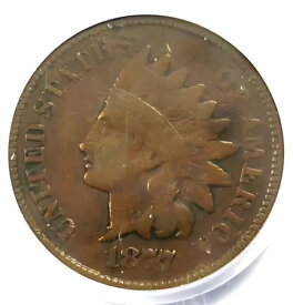 1877 インディアン セント 1C コイン - 認定 PCGS F12 - 希少なキー日付認定ペニー!