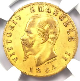 1864 イタリア ゴールド ヴィットリオ エマヌエーレ 2 世 20 リラ 金貨 G20L - 認定 NGC AU55
