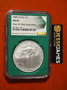 2008 $1 アメリカン シルバー イーグル NGC MS69 米国産ミント シール ボックス ラベル グリーン コア