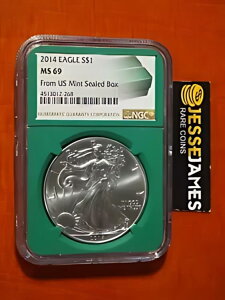 2014 $1 アメリカン シルバー イーグル NGC MS69 米国産ミント シール ボックス ラベル グリーン コア