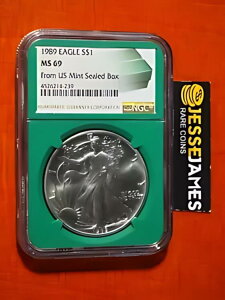 1989 $1 アメリカン シルバー イーグル NGC MS69 米国産ミント シール ボックス ラベル グリーン コア