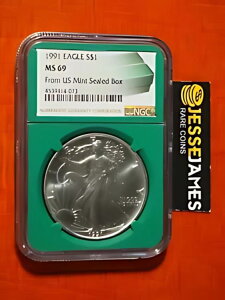 1991 $1 アメリカン シルバー イーグル NGC MS69 米国産ミント シール ボックス ラベル グリーン コア