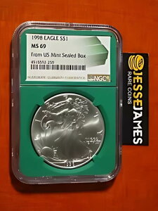 1998 $1 アメリカン シルバー イーグル NGC MS69 米国産ミント シール ボックス ラベル グリーン コア
