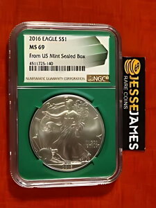 2016 $1 アメリカン シルバー イーグル NGC MS69 米国産ミント シール ボックス ラベル グリーン コア