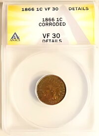 1866 インディアン ヘッド セント ペニー 1C 流通 ANACS VF30 細部が腐食