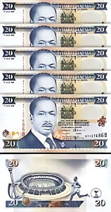 ケニア 20 シリング 1997、UNC、5 個 LOT、連続、P-35b