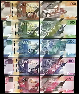 ケニア 5 個セット、50 100 200 500 1000 シリング 2019、UNC、P-52 53 54 55 56