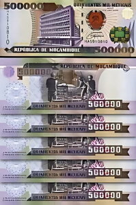 モザンビーク 500000 500,000 Meticais 2003、aUNC/UNC、5 個ロット、連続、P-142