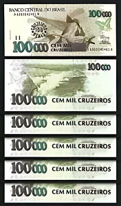 uW 100 A NXB 100000 Cruzeiros 1993 UNC 5 PCS AbgAP-238