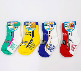 新幹線　ベビー　クルー丈　ソックス　4柄　4足組　9～14cm　足裏すべり止め付き　なりきりソックス　男の子　鉄道　電車　靴下　ドクターイエロー　こまち　はやぶさ　かがやき　抗菌　消臭　年間