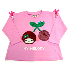 【20％OFF】　サンリオ　マイメロディ　スパンコール　肩開き　長袖　Tシャツ　女の子　ベビー　キッズ　ジュニア　子供　ピンク　キラキラ　リボン　サクランボ　プリント　春　秋　冬　服　マイメロ　90cm　95cm　100cm　110cm　120cm　130cm