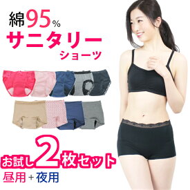 サニタリーショーツ 夜用 昼用 セット （ナイト用1枚 昼用1枚セット）ヒップ防水 綿95% ボクサー S/M/L/LL メール便送料無料