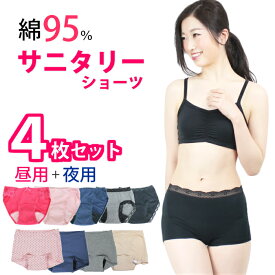 サニタリーショーツ 夜用入り 4枚 セット （夜用1枚 昼用3枚セット）ヒップ防水 綿95% ボクサー S/M/L/LL メール便送料無料