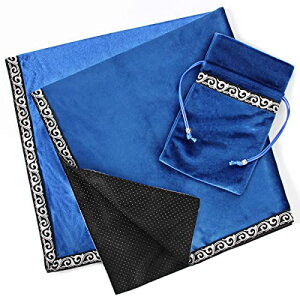 INIBUD タロットクロス ベルベット タロットカード用 ポーチ付 65×65cm 占い 高級 厚手 (滑り止め付き・ブルー)