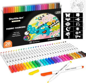Shuttle Art 布用 ペン 28色セット 布に書けるペン ファブリックマーカー 水性 耐水 耐久 ウォッシャブル 洗っても落ちない 色褪せしにくい 乾燥まで速い ステンシル付き DIY ハンドメイド 手作