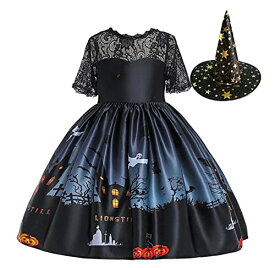 [Ansimple] ハロウィン コスチューム 2点セット ドレス+帽子 魔女 悪魔 ウィッチ 可愛い ワンピース 子供ドレス 子供 女の子 イベント パーティー クリスマス 仮装 発表会 演出 (140CM)