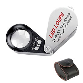 WOVTE折りたたみ式 ルーペ 10倍 手持ち拡大鏡 虫眼鏡トリプレットレンズ LED/UV ライト付き ルーペ 紙幣 切手 コイン 宝石鑑定用 携帯式 ジュエリールーペ(10x21mm 倍率)