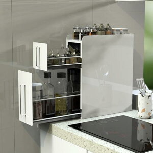 ママ倉 【全面的にアップグレードしました】隠せる調味料ラック 2段 幅14.4cm 奥行35.5cm 高さ46.5cm 台所用 大容量 引き出し式 コンロ横 キッチンラック 皓白色(光沢)