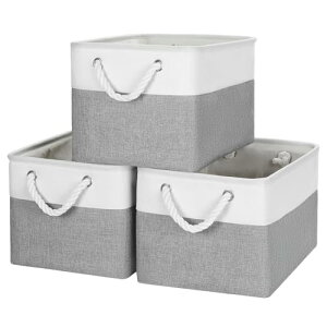 Oterri 収納ボックス 収納カゴ 3個セット 折りたたみ式 大容量38×28×24cm 衣類/おもちゃ/本/CD収納 ランドリーバスケット 洗面所 寝室 クローゼット 整理整頓 丈夫な麻綿素材 (ホワイトグレー, 38