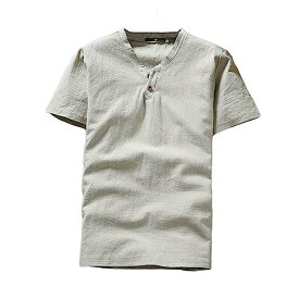 [Blostirno] メンズ リネン リネンシャツ 綿麻 半袖 無地 Tシャツ ヘンリーネック 夏(JT11-OFS)