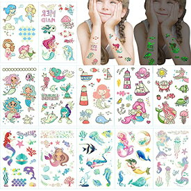 12枚タトゥーシール人鱼姬 暗闇で光る こども 女の子用、可愛いキッズ 褒美シールマーメイド、Aniuvot 一時的な夜光 海洋をテーマにボディーペイントタトゥーステッカー ハロウィー仮装小道具 コスプレ小物 しちごさん 文化祭 学园祭用、 顔 腕 首に適用