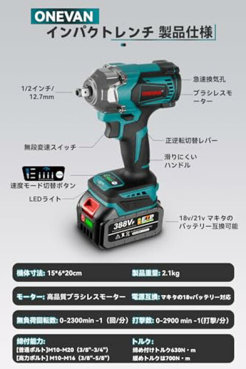 楽天市場】ONEVAN インパクトレンチ 18v 充電式 電動インパクトレンチ 